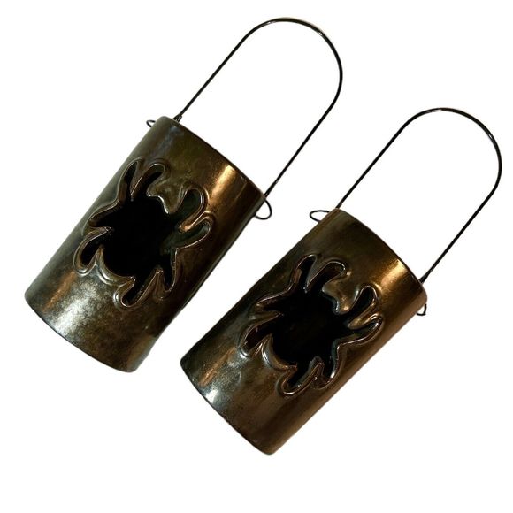 Set of 2 Dark Iridescent Ceramic Spider Cutout Shaped Hanging Candle Lanterns - Picture 7 of 8